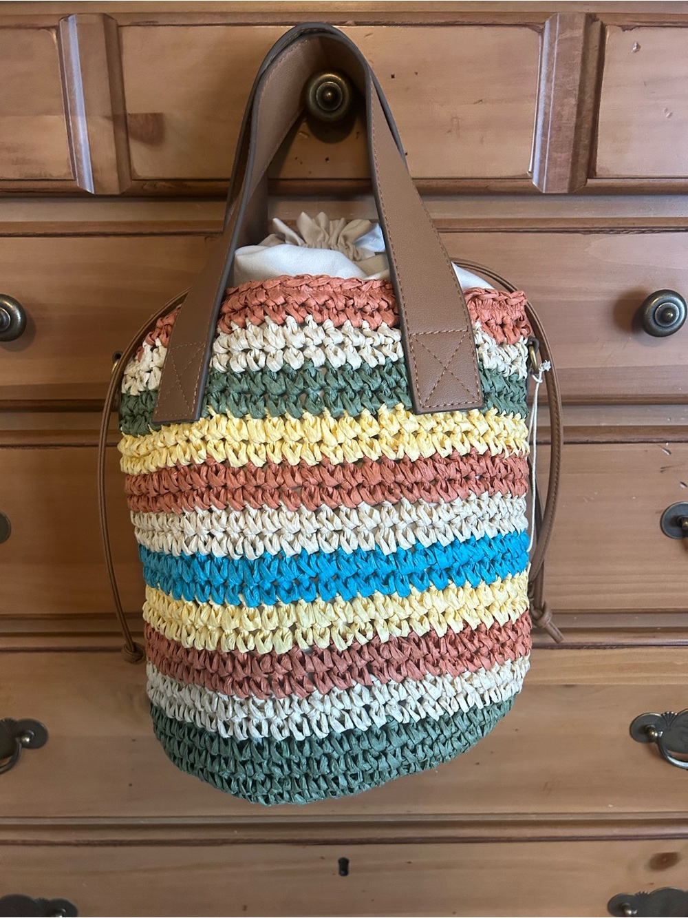 Sol and Mer Raffia Striped Drawstring Handbag NWT - Picture 7 of 11